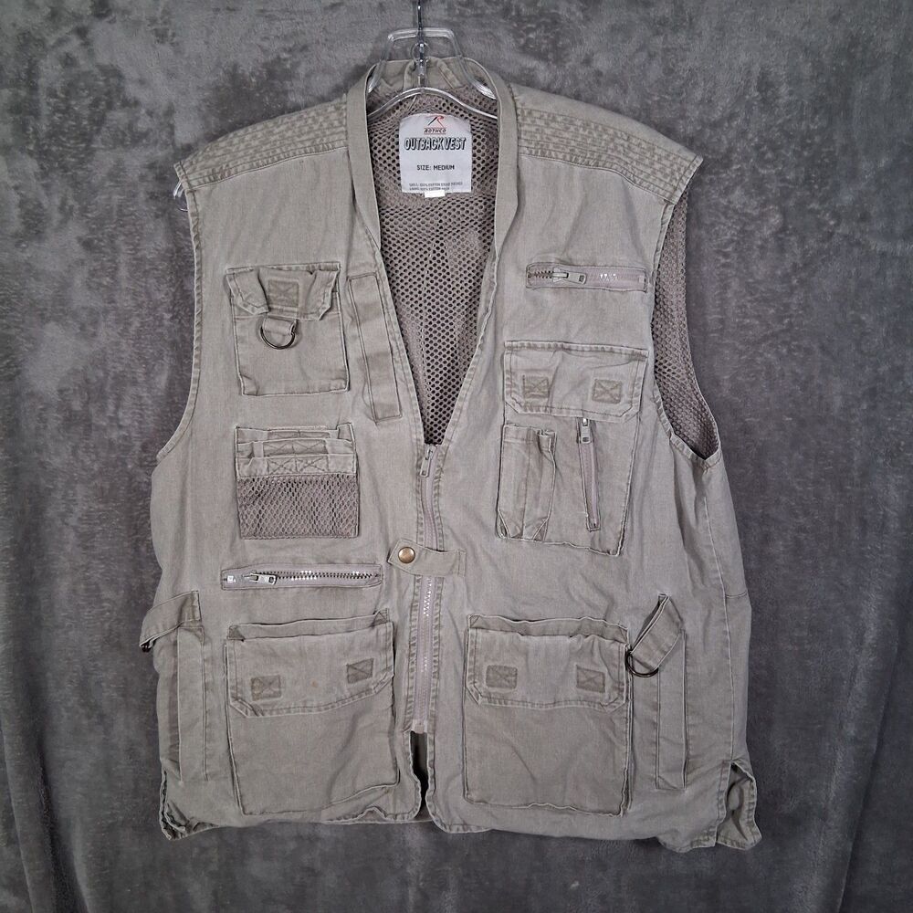 Rothco Vest Mens Medium M‎ Beige Outback Canvas Full Zip Pockets Hiking Fishing